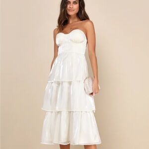 White Tiered Midi Strapless Dress